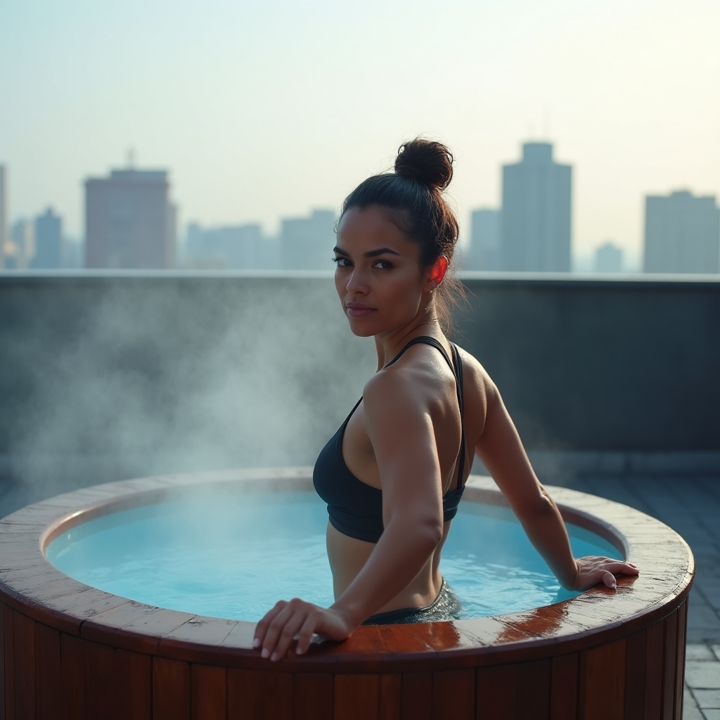 Athlete stepping into a cold plunge pool outdoors as part of a post training recovery protocol