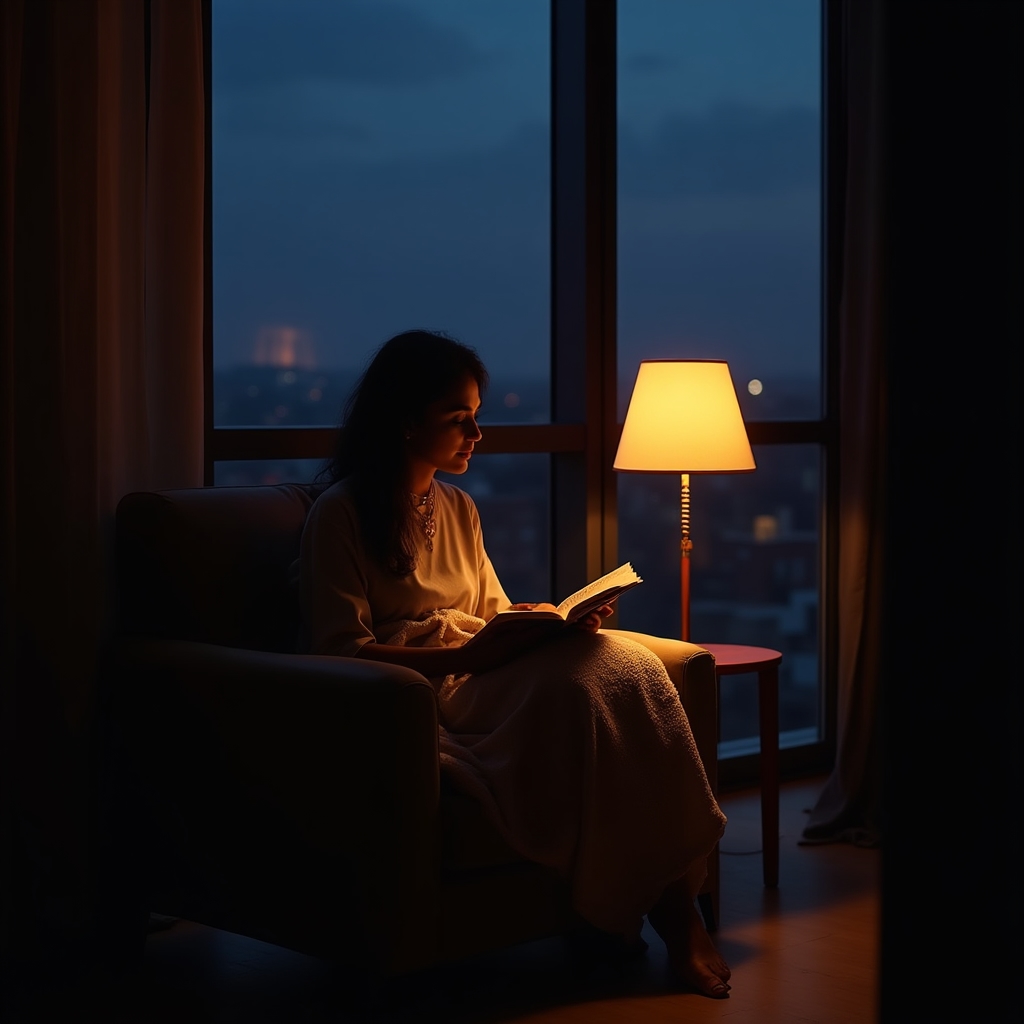 Person reading in dim lamp light as part of an evening wind down routine before sleep