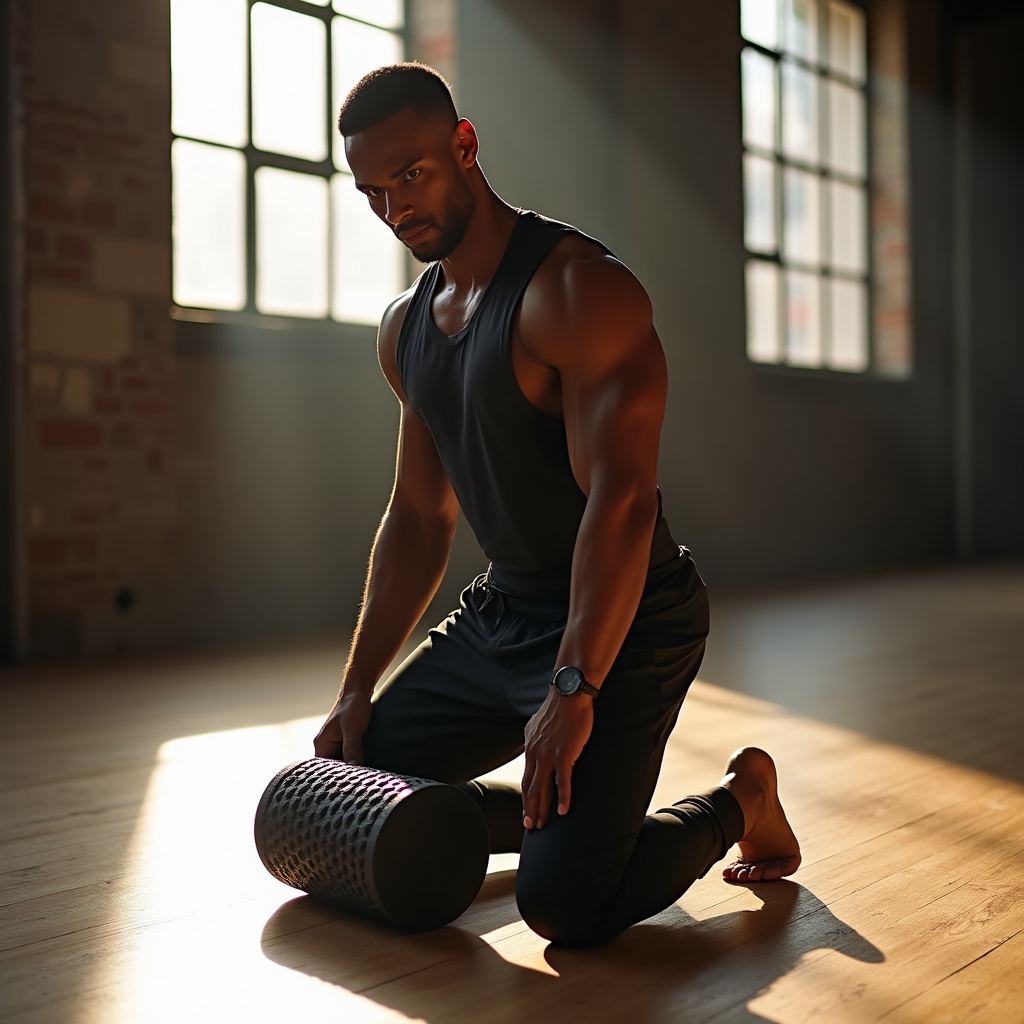 Person using a foam roller on their quadriceps muscle after a training session on a gym floor