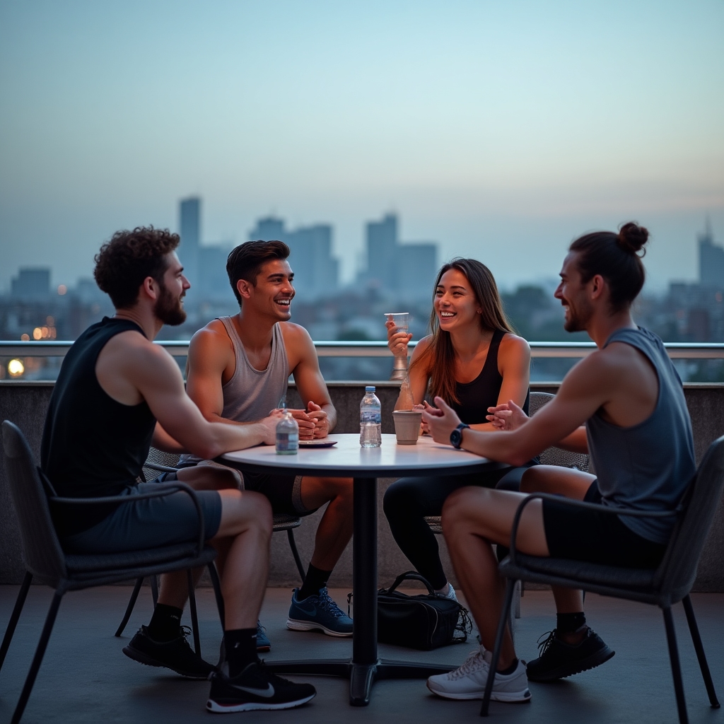 Small group of recreational athletes discussing recovery habits together after a group training session