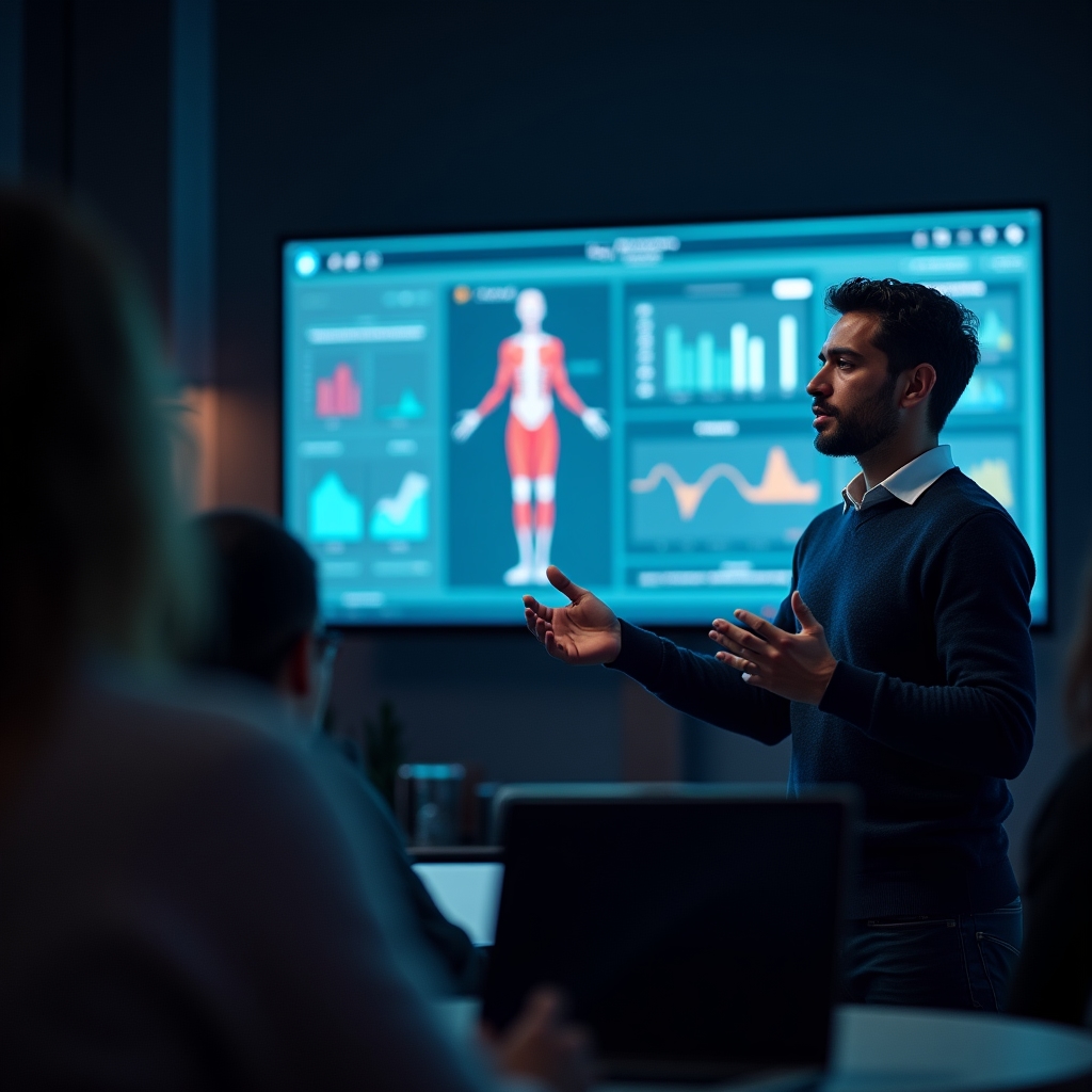 Presenter explaining muscle recovery physiology during a live webinar with data visualizations on screen