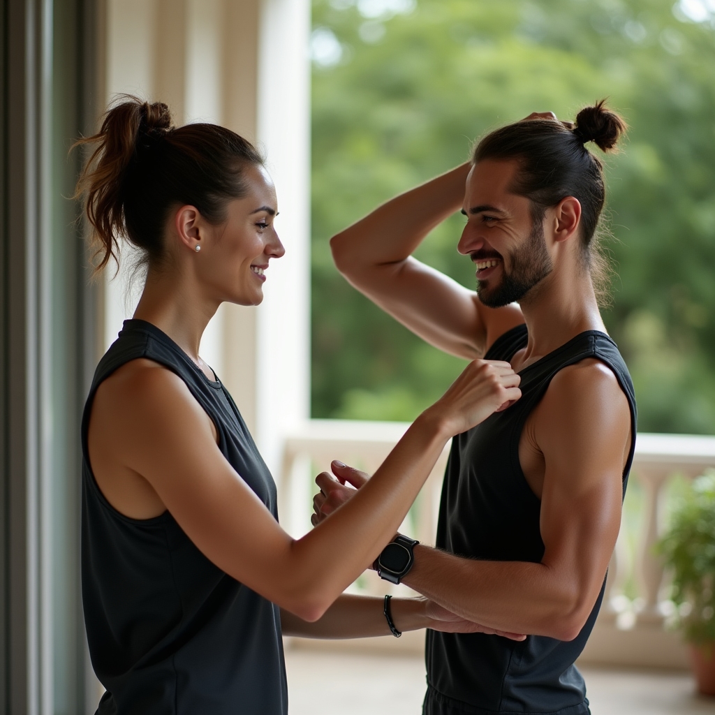 Physical therapist assessing a client's shoulder mobility during a recovery consultation in a clinical setting