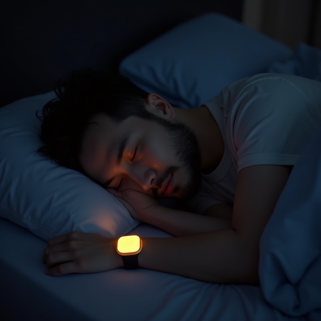Person sleeping peacefully in a dark bedroom while a bedside device tracks recovery metrics