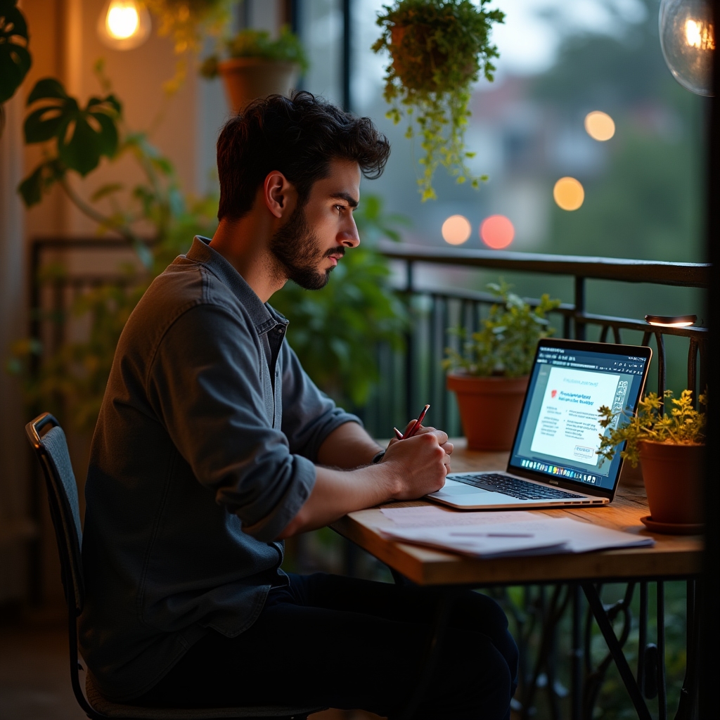 Participant following a live recovery science webinar on a laptop while taking notes at home